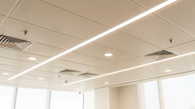 Modern suspended ceiling with led linear lights and spotlights in white office interior. Acoustic tile ceiling with ventilation grilles and
