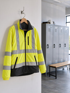 Fluorescent safety jacket hanging on a wall in a locker room. High visibility workwear with reflective stripes and metal lockers