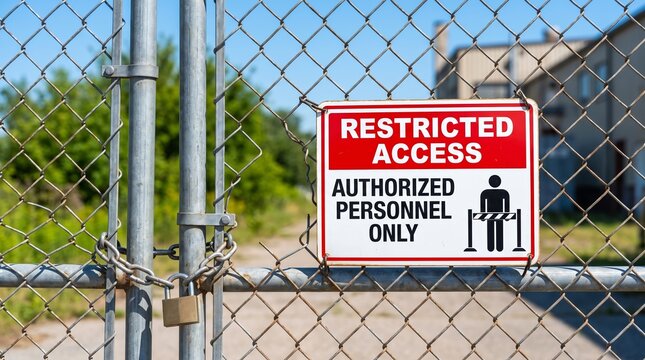 Restricted access authorized personnel only sign on locked metal chain link fence gate. Security and safety warning at private industrial property. Prohibition and area protection concept.