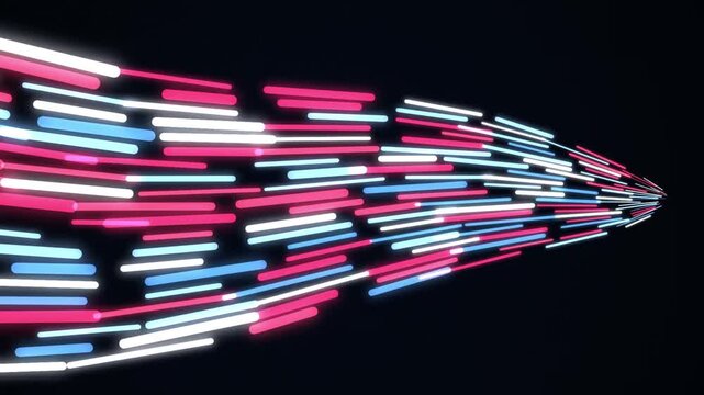 A seamless loop of glowing red data capsules accelerating along horizontal perspective vectors. Features dynamic depth sorting, vibrant neon glow, and fluid wave modulation on a dark background. Perfe