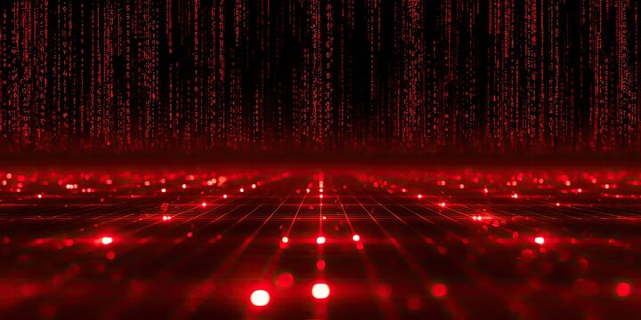 Abstract red digital rain falling on a glowing grid floor