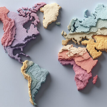 밝은 배경 위 미니멀 입체 종이 공예 세계 지도, Minimal 3D paper cut world map on bright background