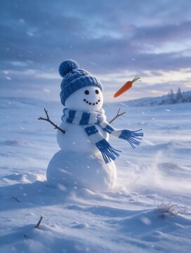 Snowman losing carrot nose in windy snowfield at dusk
