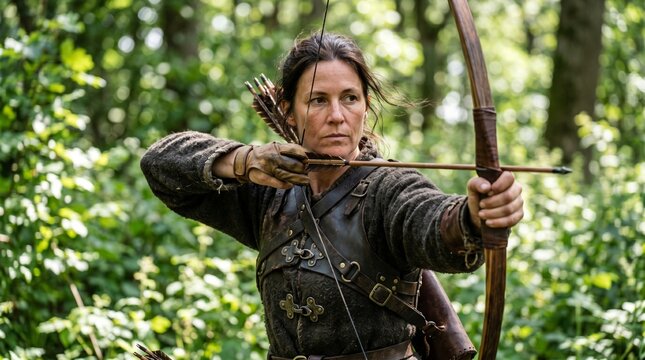 Woman archer in medieval leather armor aiming with wooden bow and arrow in green forest. Female warrior hunting with quiver of arrows. Archery, history reenactment and fantasy concept.
