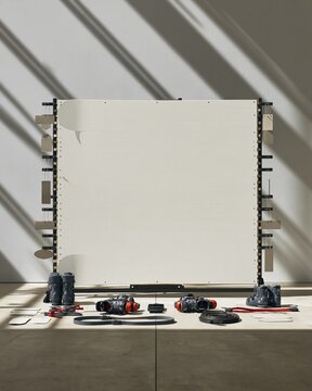 Blank white board in a larch brown rental rack, featuring matte textures and crisp window shadows for ski resort pre season mockup copy space