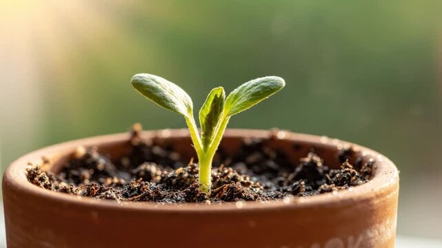 Green seedling grows in a terracotta pot bathed in warm sunlight.