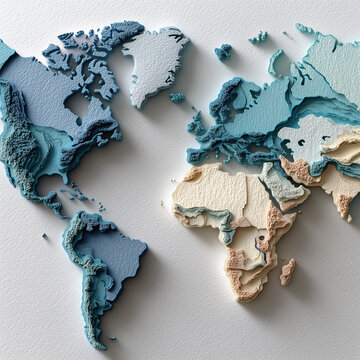 푸른 바다와 베이지 대륙의 미니멀 3D 종이 세계 지도, Minimal 3D paper craft world map with blue ocean and beige continents