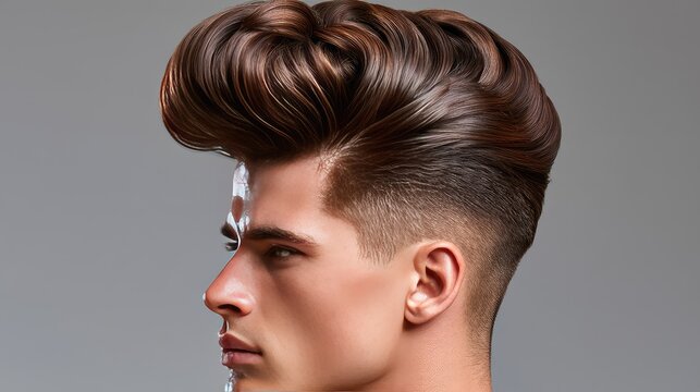 Stylish Young Man with Modern Haircut Showcasing Elegant Pompadour Hairstyle and Trendy Grooming Techniques