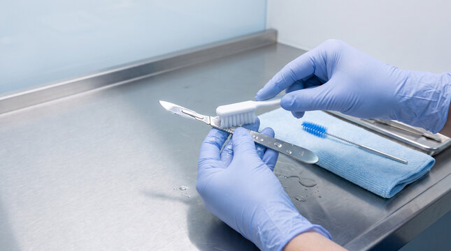 Sterilization and Infection Control Woman Cleaning Scalpel