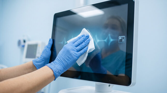Sterilization and Infection Control Woman Disinfecting Monitor