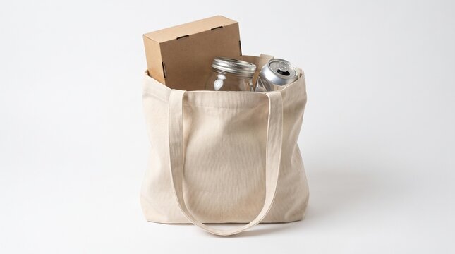 Reusable canvas tote bag filled with recyclable items like cardboard box glass jar and can on white background