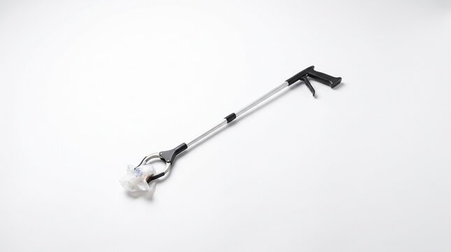Reacher grabber tool picking up crumpled paper on white background
