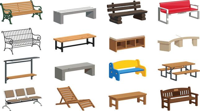 Outdoor Bench and Public Seating Icon Set Featuring Park Benches, Bus Stop Seats, Picnic Tables, Wooden Benches and Garden Furniture