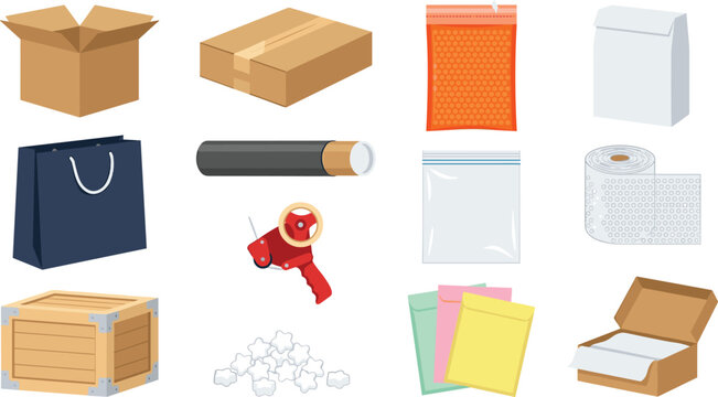 Packaging and Shipping Supplies Icon Set Featuring Cardboard Boxes, Tape, Paper Bags, Bubble Wrap, Packing Peanuts and Delivery Materials