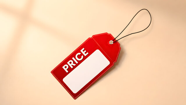 Red price tag on warm beige background