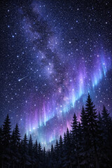 Naklejka premium The northern lights illuminate the sky over a forest, creating a magical atmosphere.