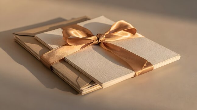 Elegant stationery stack tied with shiny golden satin ribbon on warm beige surface
