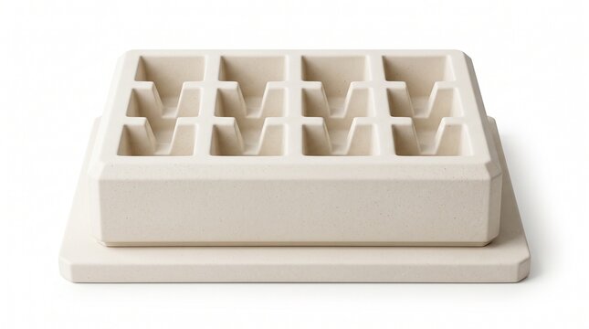 A beige ceramic tray with a grid of twelve square compartments, each with a small notch, isolated on a white background