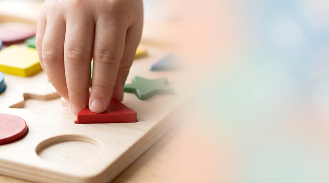 Child hand playing with wooden shape sorter puzzle toy for early childhood development and fine motor skills education