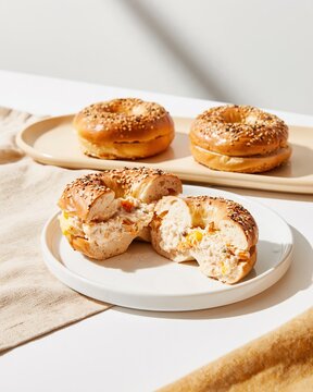 Split mini bagel with creamy filling, showing a moist cross-section and resilient crumb, served on a white plate with a warm-espresso palette, ideal for a food blog and menu design