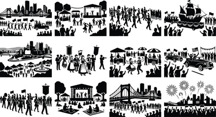 Fototapeta premium Black silhouettes of city festivals, parades, marching bands, fireworks, and outdoor community events with crowds and city skylines