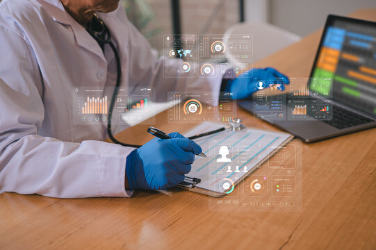 Data analysis concept, An analyst uses a computer and dashboard for data business analysis and Data Management System with KPI and metrics connected to the database research and study.