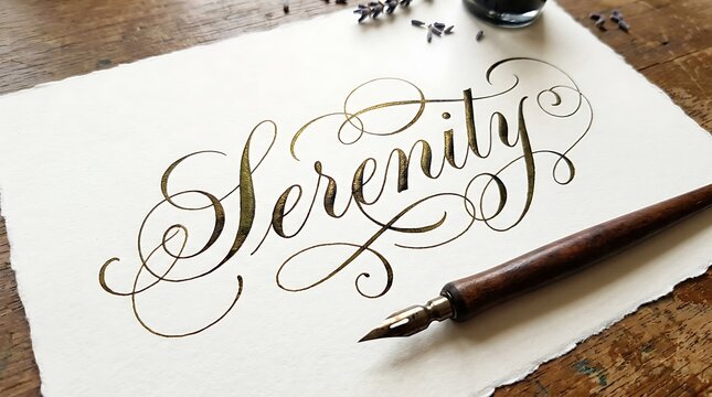 Elegant fancy cursive script text serenity in black on white background vector