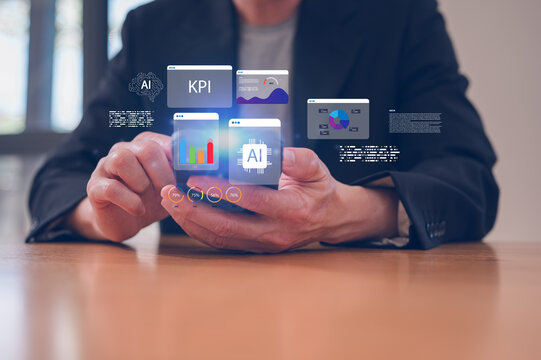 Data analysis concept, An analyst uses smartphone and dashboard for data business analysis and Data Management System with KPI and metrics connected to the database research and study.
