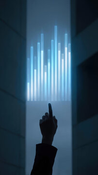 Hand pointing at luminous data analytics concept with blue light bars in dark futuristic interface