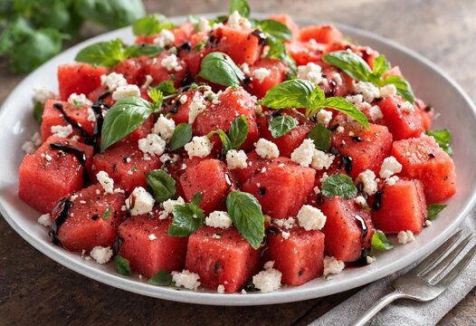 Fresh watermelon and feta salad with basil and balsamic glaze on a white plate