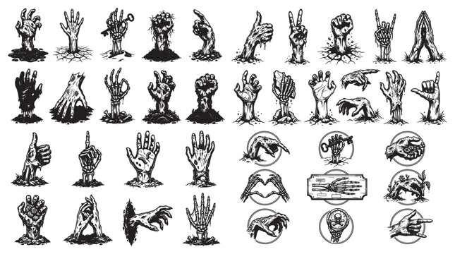 Zombie Hand Halloween Icon Set &mdash; Vintage Ink Drawings of Undead Hands, Gestures and Horror Emblems