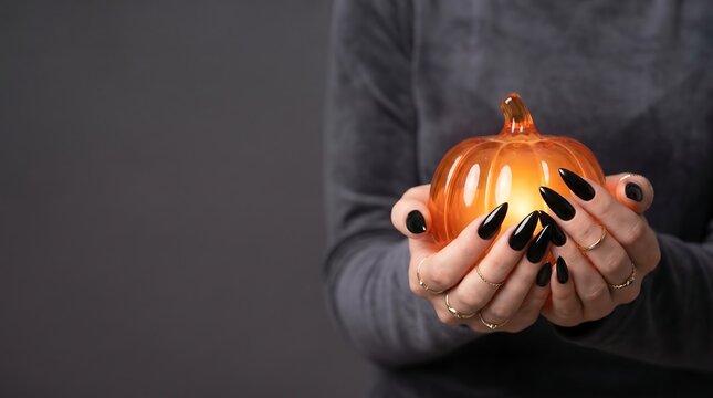 Woman holding glowing pumpkin with black nails