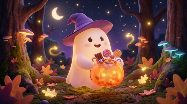 Cute 3D ghost holding pumpkin candy bucket in night forest