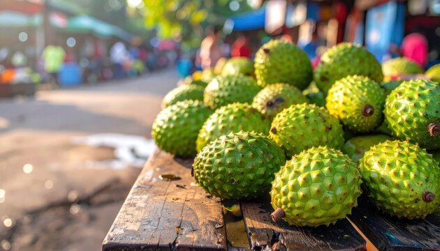 Pile of fresh green soursop fruits at market.