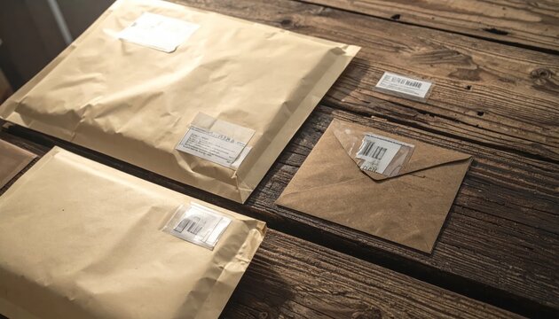 Paper shipping envelopes on rustic wooden table.