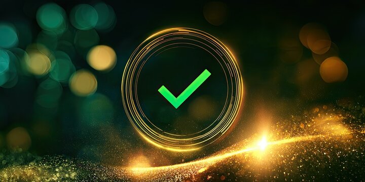 Green checkmark inside a glowing golden circle against a dark, bokeh-filled background