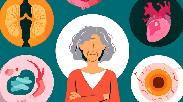 A medical illustration of the symptoms and complications associated with menopause.