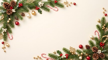 Fototapeta premium Festive christmas background with evergreen branches red ornaments and pine cones arranged in a decorative corner frame border