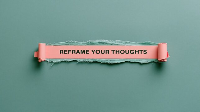 Torn paper strip with the text reframe your thoughts, featuring feathered edges and rolled ends on a muted blue background with copy space for mental health education