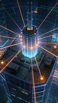 Vertical video: Pulsing spire activating tower sending orange beams linking roof nodes to city grid