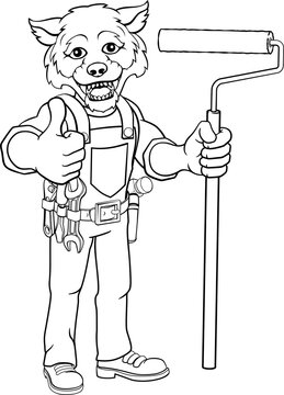 A wolf painter decorator handyman cartoon construction man mascot character holding a paint roller tool