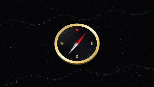 Golden compass instrument with directional needle pointing north on a dark futuristic digital background