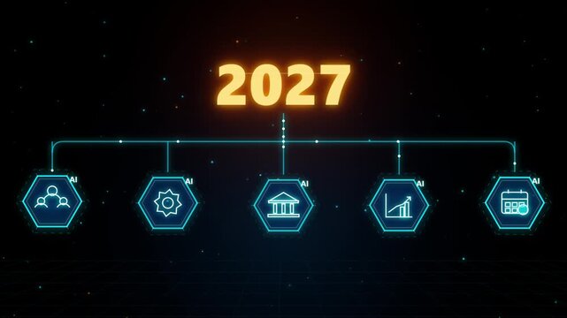 Futuristic 2027 artificial intelligence neural roadmap with glowing hexagonal HUD telemetry nodes and streaming data conduits on dark background. Ideal for tech promos, AI presentations, sci-fi broadc