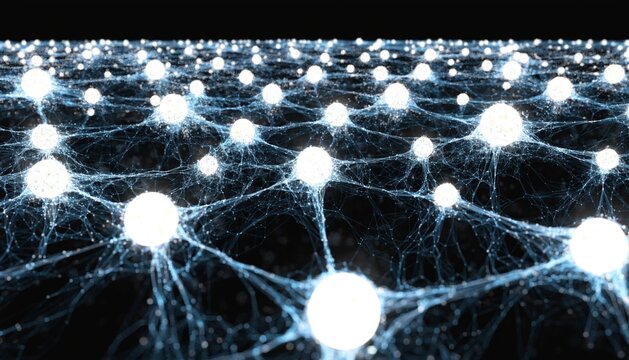 Massive hyper-connected neural network grid floating in a pitch-black void, primary nodes glowing with intense white heat.
