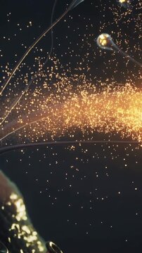Vertical video: Extending left bulb, pods emitting golden jet to lobed mass in studio lighting mass