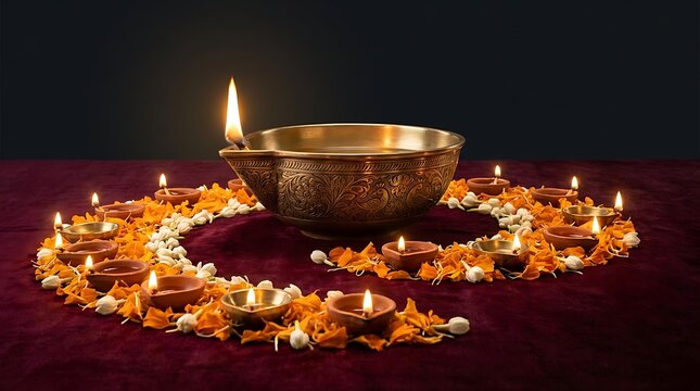 Diwali diya lamp with marigold flowers and jasmine garlands