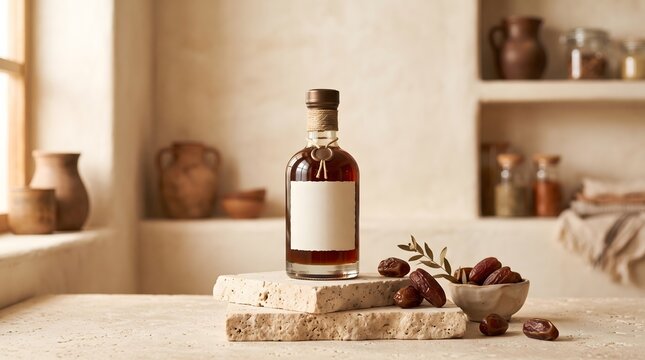 Blank label glass bottle mockup filled with date syrup on a rustic stone with sweet dates. Ideal for organic syrup, honey, and natural sweetener packaging