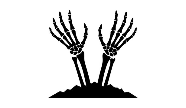 Black silhouette of two human skeleton hands rising from the ground isolated on a white background