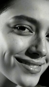Vertical video: Blinking freckled woman making dimple in studio as camera pullback, pupil gleaming