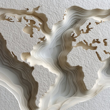 배경 디자인용 우아한 화이트 페이퍼 컷 세계 지도, Elegant white paper cut world map for background design